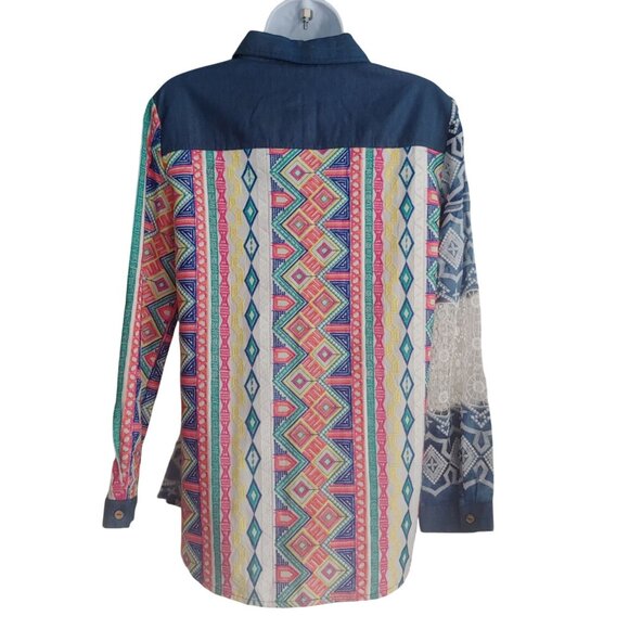 John Mark  Embroidered Patch Lacey Colorful Button L-Sleeve Shirt S - Picture 2 of 15